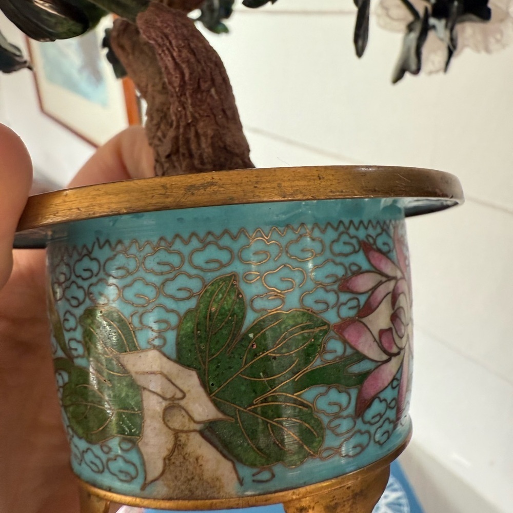 Vintage Chinese Carved Hardstone Flowering Bonsai in a Cloisonne Plant Pot jade - Picture 5 of 9
